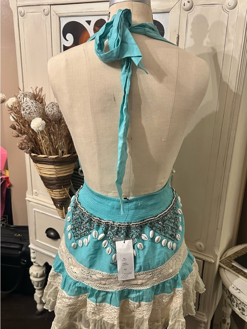Turquoise Halter Shell-Trim Boho Dress - Picture 3 of 7